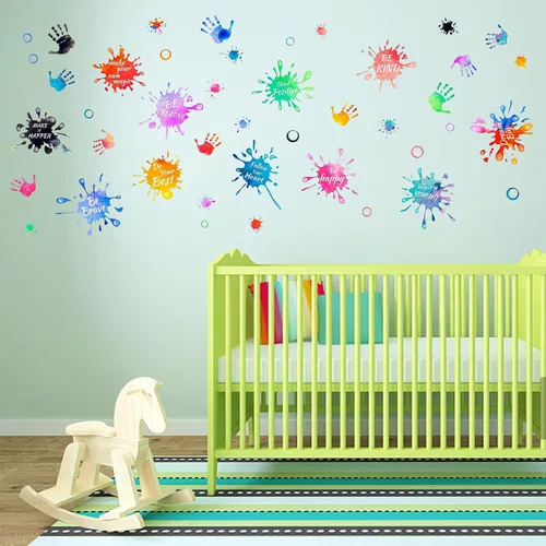Miniatura 8 de PLIGREAT 3 hojas coloridas de huellas de manos salpicadas de pintura, citas inspiradoras, calcomanías de pared extraíbles de vinilo para despegar