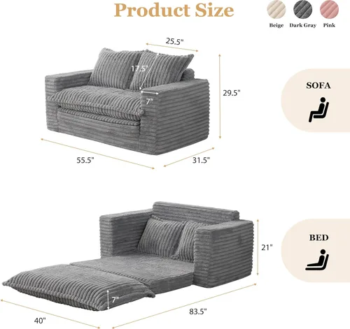 Miniatura 3 de YOSHOOT Sofá Cama de Dos Plazas, Sofá Cama Convertible Sillón Futón para Sala de Estar, Sofá de Piso Extraíble 3 en 1 con Cojín y Almohadas, Gris