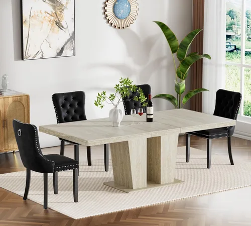 Miniatura 36 de Henf Juego de mesa de comedor extensible de 7 piezas para 6, 160 cm-200 cm Mesa de cocina extensible de grano de mármol blanco con 6 sillas Blanco