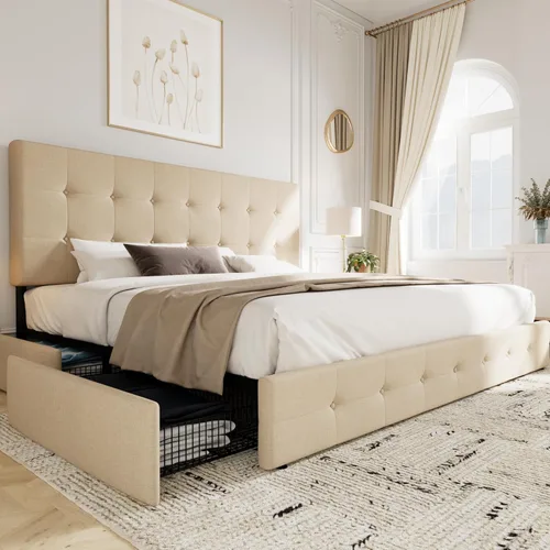 Miniatura 11 de Allewie - Base de cama tapizada de tamaño Full con plataforma, con 4 cajones de almacenamiento y cabecero, diseño cosido en cuadrados con botones