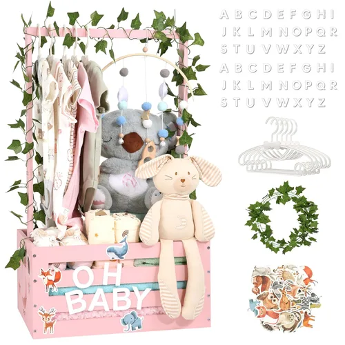 Miniatura 9 de Cesta de regalo para baby shower, caja de madera, letras de madera personalizadas y perchas para ropa recién nacido, regalos para bebés, niñas