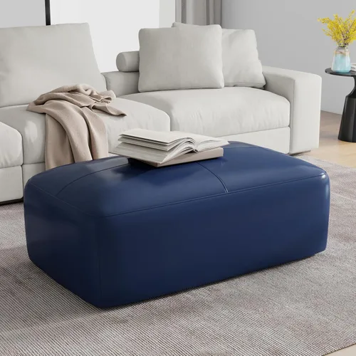 Miniatura 3 de Otomana rectangular de piel auténtica, mesa de centro otomana con botones y patas, taburete tapizado para sala de estar, dormitorio, entrada, Azul