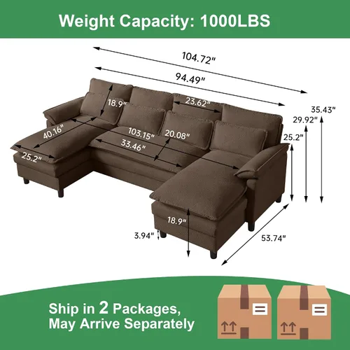 Miniatura 2 de Sofá de nube en forma de U de 104 pulgadas, sofá modular convertible, cómodos sofás con diván doble y reposabrazos para dormir, sofá modular de 4