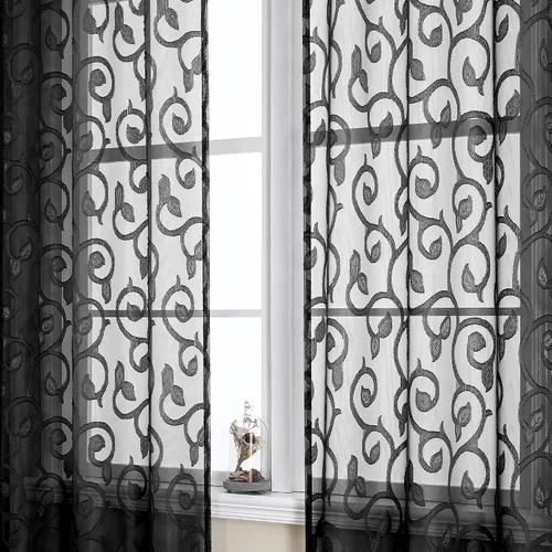 Miniatura 56 de OWENIE Furman - Juego de 2 paneles de cortinas traslúcidas negras de 24 pulgadas de largo, cortinas semitransparentes de jacquard ligeras y aireadas