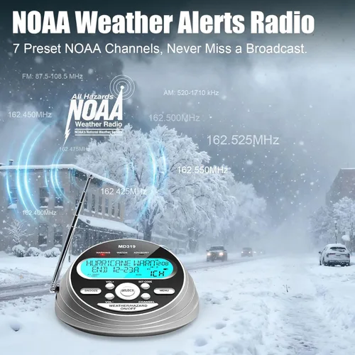 Miniatura 6 de NOAA Weather Radio-S.A.M.E. Programación localizada, radio de alerta meteorológica con más de 80 alertas de emergencia, reloj despertador, radio