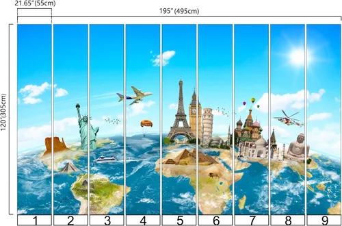 Miniatura 4 de Bormia Mural - Papel tapiz con mapa de viaje en globo, famoso lugar de interés en todo el mundo, mural de pared para sala de estar y dormitorio