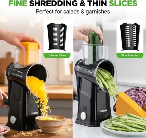 Miniatura 4 de NutriChef Rallador y triturador de queso 5 en 1 5 cuchillas diferentes para tiras finas, gruesas, de juliana, onduladas y rectas Incluye Negro