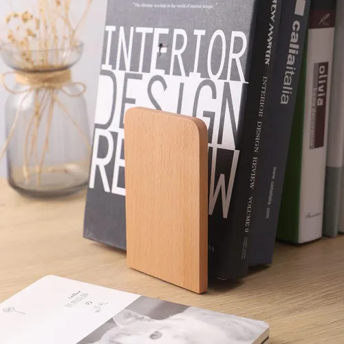 Miniatura 7 de Muso Wood Sujetalibros para estantes, sujetalibros antideslizantes, soporte de madera resistente para libros y películas (haya 1 par)