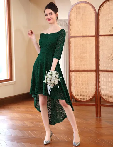Miniatura 2 de Dressystar - Vestido de encaje para mujer, vestido asimétrico con vuelo y hombros descubiertos ideal para cóctel, dama de honor, fiesta formal