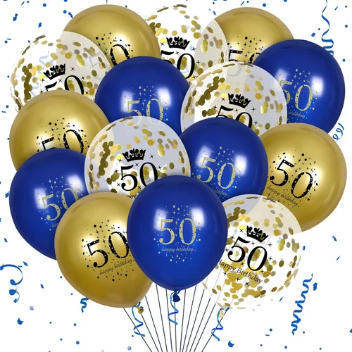 Globos de cumpleaños número 50 color azul marino y dorado, paquete de 15 unidades, confeti de látex, decoraciones de cumpleaños y aniversario para