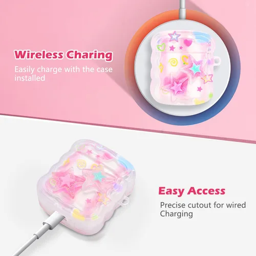 Miniatura 3 de Bonita funda para AirPods con colgante de amor, llavero de cuentas redondas coloridas, diseño de estrellas 3D con purpurina, funda protectora suave