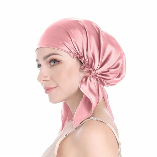 Miniatura 12 de SissiLita Gorro de seda 100% para dormir, gorro de seda grande con banda de amarre para el cuidado del cabello rizado (azul)