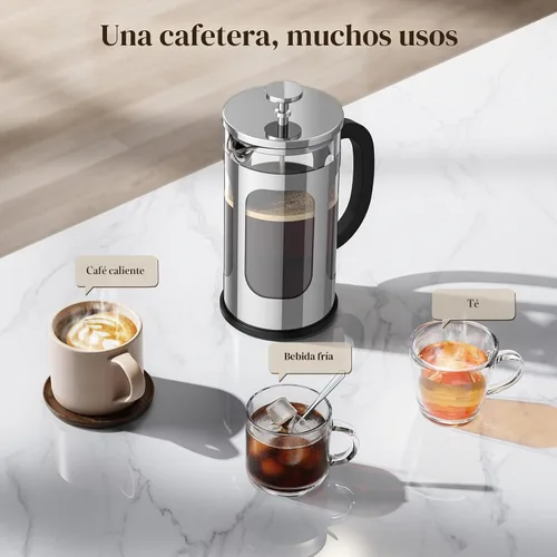 Miniatura 9 de Cafetera de prensa francesa Veken de 34oz 1 L, sin plástico en contacto con el café, vidrio de borosilicato espesado resistente al calor, cafetera