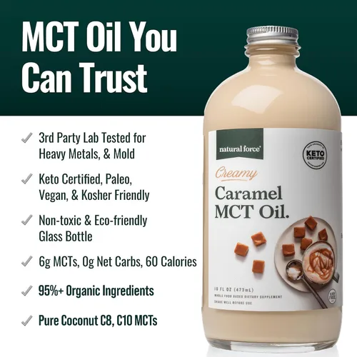 Miniatura 2 de Aceite MCT cremoso Natural Force sabor caramelo – sin lácteos, certificado keto, MCTs emulsionados para dieta baja en carbohidratos, café
