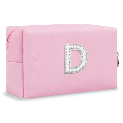 Miniatura 262 de Pequeña bolsa de maquillaje personalizada con inicial A-Z Preppy Patch, bolsa de cosméticos de viaje de felpilla blanca con cremallera, bonita bolsa