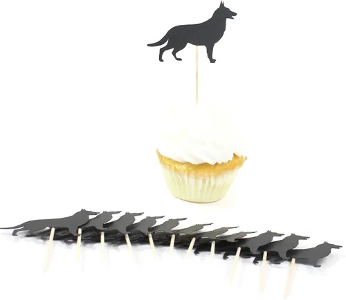 Juego de 12 adornos para cupcakes de pastor alemán | Decoración de pastel de perro negro hecho a mano | Decoración de fiesta de cumpleaños de