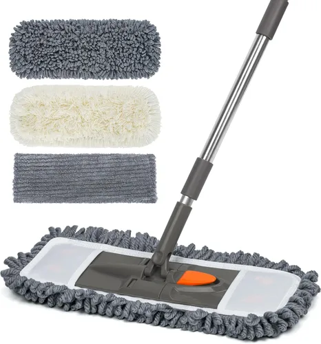 Trapeador de polvo de microfibra con 3 almohadillas lavables reutilizables, mango largo de 58 pulgadas, mopas húmedas y secas para madera dura,