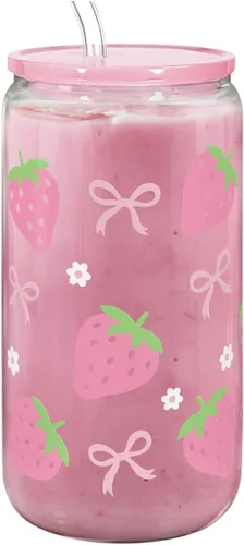 Miniatura 15 de SANDJEST Vaso de Vidrio con Margaritas en Patrón de Tablero de Ajedrez, Taza Floral a Cuadros con Tapa y Pajita, Tazas Estéticas de Café Helado