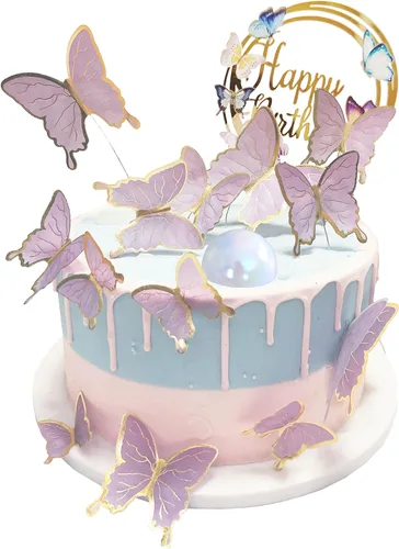Miniatura 7 de Decoraciones para tartas de mariposas, 1 adorno grande para pastel de feliz cumpleaños y 15 piezas 3D de oro rosa rosa para cupcakes – Suministros