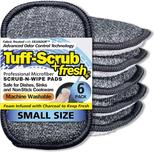 Fresh Scrub-N-Wipe Pad de Tuff-Scrub, paquete de 6, espuma antimicrobiana y de carbón para control de olores, microfibra, multisuperficie,