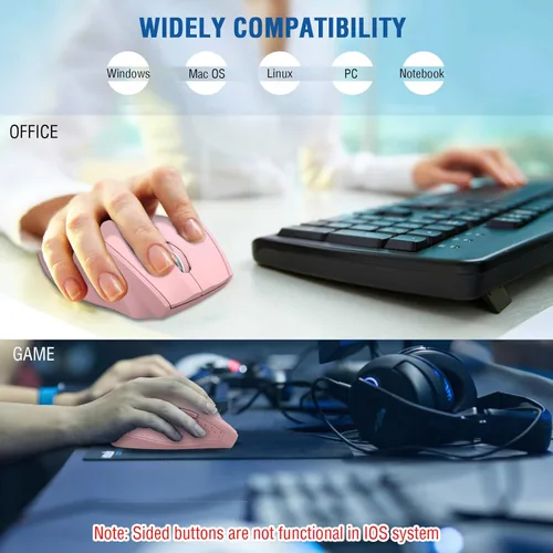 Miniatura 7 de E-YOOSO Ratón inalámbrico para portátil, ratón óptico portátil para computadora, 6 botones, inalámbrico 2.4GHz con receptor USB, 4800 DPI de 5 Rosa