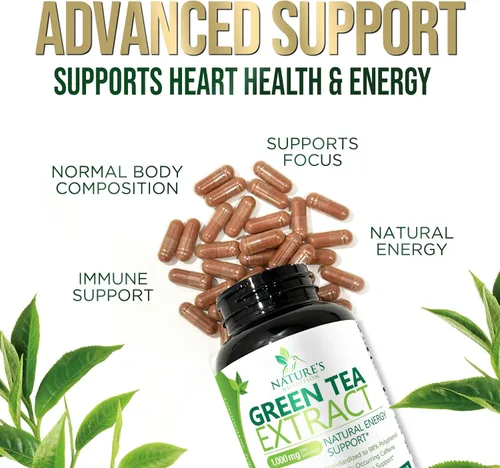 Miniatura 6 de Extracto de té verde 98% EGCG estandarizado – 3 veces de fuerza para energía natural – Auxiliar cardíaco con polifenoles – cafeína suave, fabricado