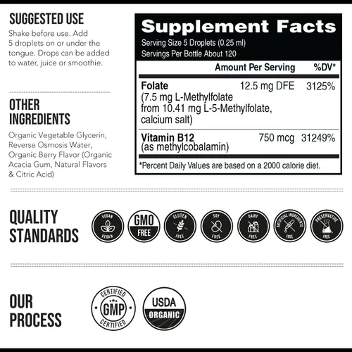 Miniatura 6 de Metilfolato orgánico L 7.5 mg más metil B12 Cofactor – Metabólicamente activo 5-MTHF, forma superior de folato – Sabor a bayas orgánicas
