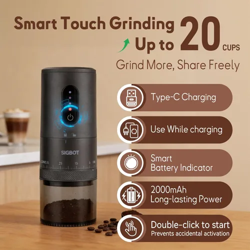 Miniatura 3 de Molinillo de café eléctrico portátil, 38 ajustes de molienda externa, molienda 1.7 veces más rápida, rebabas de cerámica cónicas y batería de 2000