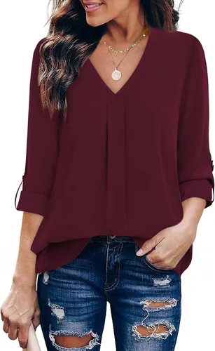 Miniatura 13 de Youtalia Blusas para mujer, elegantes, informales, de negocios, manga 3/4, de gasa, cuello en V, camisas de trabajo y oficina