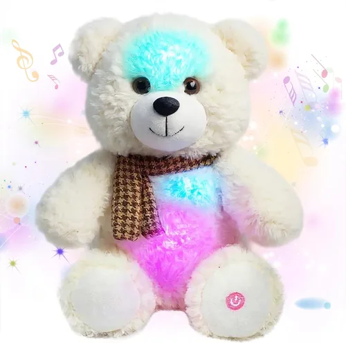 Oso de peluche con luces LED brillantes, luz nocturna musical, juguete de peluche canta canciones de cuna, regalos de Navidad, para cumpleaños,