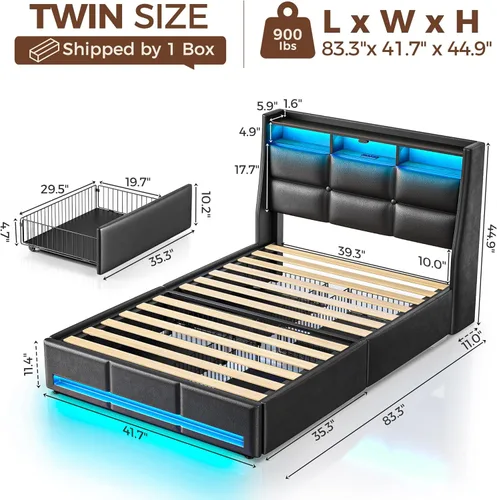 Miniatura 2 de Rolanstar Marco de cama tamaño twin con luces LED y estación de carga, cabecera de almacenamiento de cuero PU y cajones, listones de madera Negro