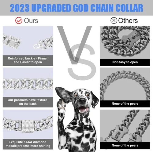 Miniatura 6 de Collar cubano de cadena para perro, collar de metal plateado para caminar con hebilla segura, collar de cristal cubano para mascotas, accesorios