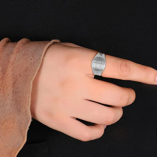 Miniatura 6 de JAJAFOOK Anillo de Jesús San Benito de acero inoxidable con apertura ajustable, joyería religiosa católica