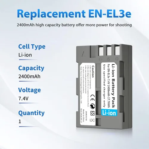 Miniatura 2 de LP EN-EL3e, EL3, EL3a Batería de 2600 mAh Compatible con Nikon D700, D300s, D300, D200, D100, D90, D80, D70S, D70, D50, MH-18, MH18a, MH-19, Una