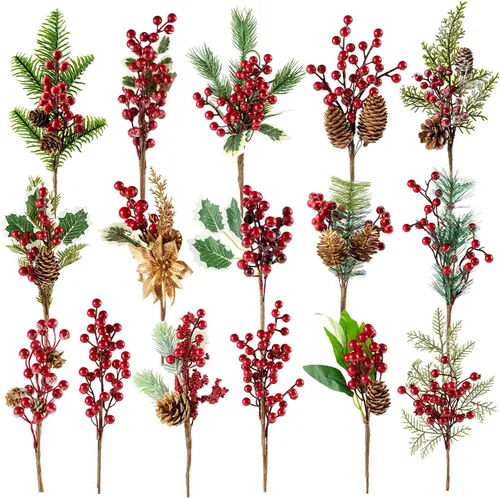 Ramas grandes de pino de bayas rojas de 9 a 14 pulgadas, paquete de 16 ramas de pino surtidas, ramas de flores para corona de Navidad, decoración de