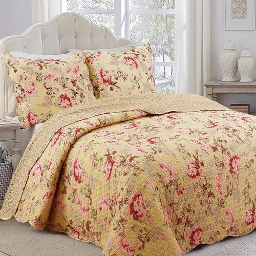 Cozy Line Home Fashions Lelia Rosa Pink Floración Floral Vintage Amarillo Juego de Ropa de Cama Edredón Reversible 100% Algodón, Colcha Cubrecama