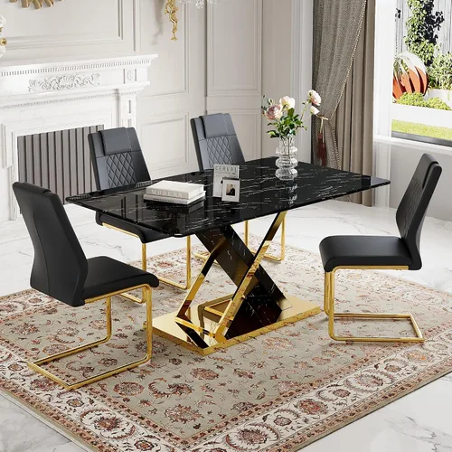 Miniatura 33 de Juego de mesa de comedor de mármol para mesa rectangular blanca de 4.63 pulgadas con marco de metal plateado en forma de X y 4 sillas de comedor