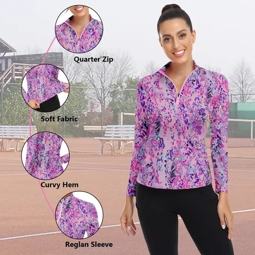Miniatura 123 de WOWENY Camiseta deportiva de manga larga para mujer, con cremallera de un cuarto, cuello para entrenamiento, camiseta de tenis con estampado