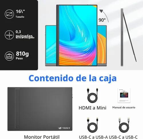 Miniatura 9 de Veout Monitor portátil de 16 pulgadas para laptop, pantalla externa de viaje FHD IPS de 1920 x 1200P, doble USB-C y mini-HDMI, filtro de luz azul