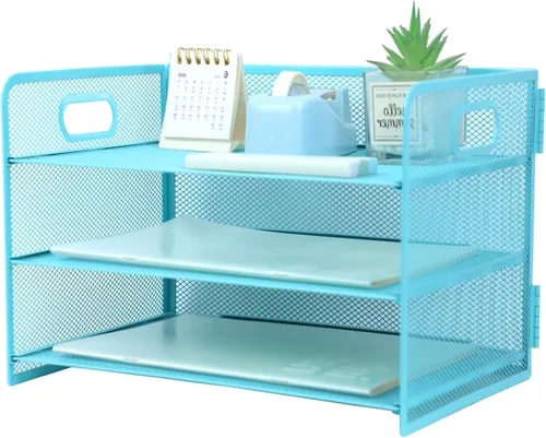Miniatura 14 de Organizador de 3 niveles con asa, organizador de archivos de escritorio de malla metálica con bandejas deslizantes, escritorio clasificador de papel