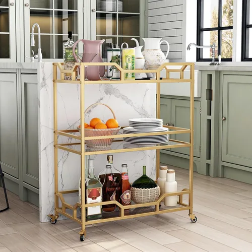 Miniatura 5 de Carritos de Bar Cuadrados de Oro con 3 Niveles de Almacenamiento con Estantes de Vidrio para el Hogar, Carritos de Servicio con Ruedas para Cocina