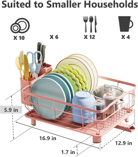 Miniatura 4 de AIDERLY Escurridor de platos de hierro, escurridor de platos de drenaje automático, colador de encimera de cocina con bandeja de drenaje, rosa