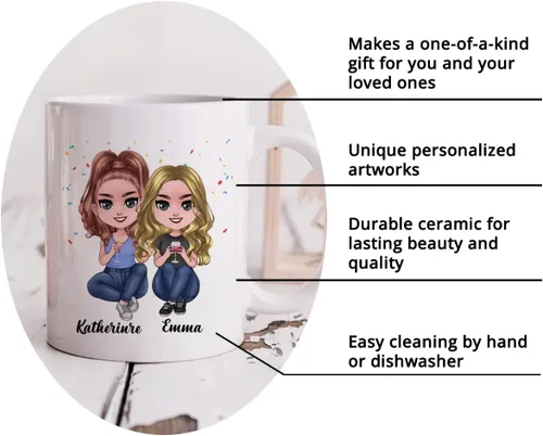 Miniatura 5 de Gossby Taza de café personalizada de la amistad, regalo personalizado Besites para mujeres con diseño de muñeca, nombre, cita – cumpleaños, Navidad