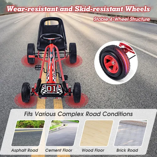 Miniatura 6 de HONEY JOY Go Kart para niños, 4 ruedas con pedal todoterreno cuádruple a pie con volantes y asiento ajustable, 2 frenos de seguridad, neumáticos Rojo