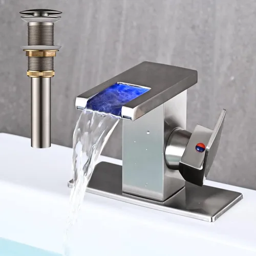 AVSIILE Grifo LED para Lavabo de Baño, Cascada de Níquel Cepillado Mango de Un Solo Orificio Grifos de Tocador para Lavabos 1 Orificio con Desagüe
