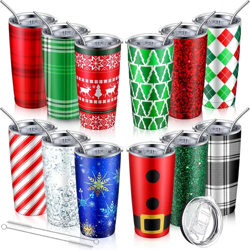 Miniatura 8 de 12 Piezas Vasos Navideños de Regalo 20oz Vaso de Viaje Navideño Taza Navideña de Acero Inoxidable Aislado Taza de Café con Tapa y Pajita para Regalo
