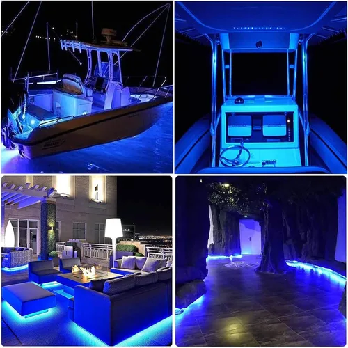 Miniatura 5 de Tira de luces LED solares azules para exteriores, tira LED impermeable IP67 de 16.4 pies, cable USB para uso recargable, cuerda de luces solares