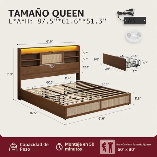 Miniatura 2 de BRELTAM Marco de cama de ratán tamaño Queen con 4 cajones de almacenamiento y cabecera de almacenamiento oculto, marco de cama de plataforma