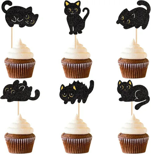 Miniatura 8 de 1 pieza de decoración de pastel de cumpleaños de gatito negro con purpurina para pastel de cumpleaños para amantes de los gatos, baby shower, niños