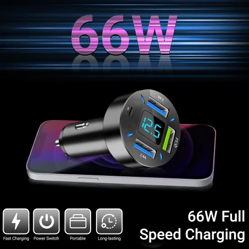 Cargador de coche de 4 puertos de 66 W – PD & QC 3.0 Adaptador de encendedor de cigarrillos de carga rápida, doble tipo C + puertos duales tipo A